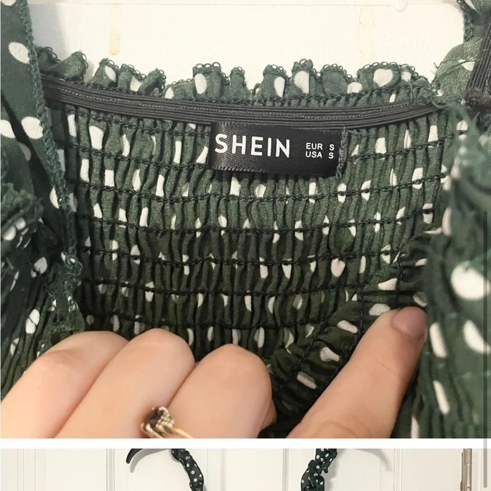 SHEIN Green and White Polka Dot Ribbed Scrunch Dress Size Small - Picture 4 of 5